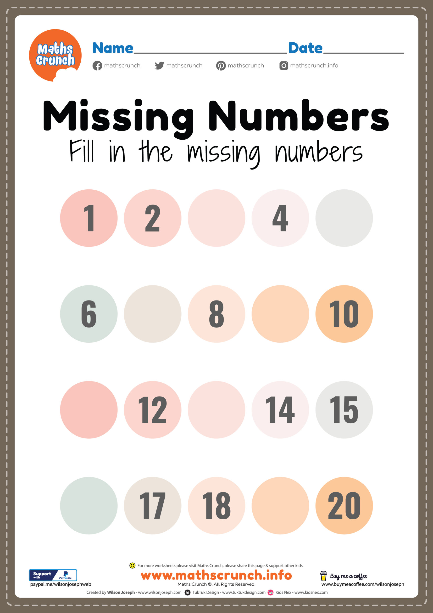 Adding To 20 Missing Numbers Worksheet