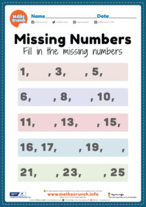 Missing Numbers for Kindergarten worksheet - Free Printable