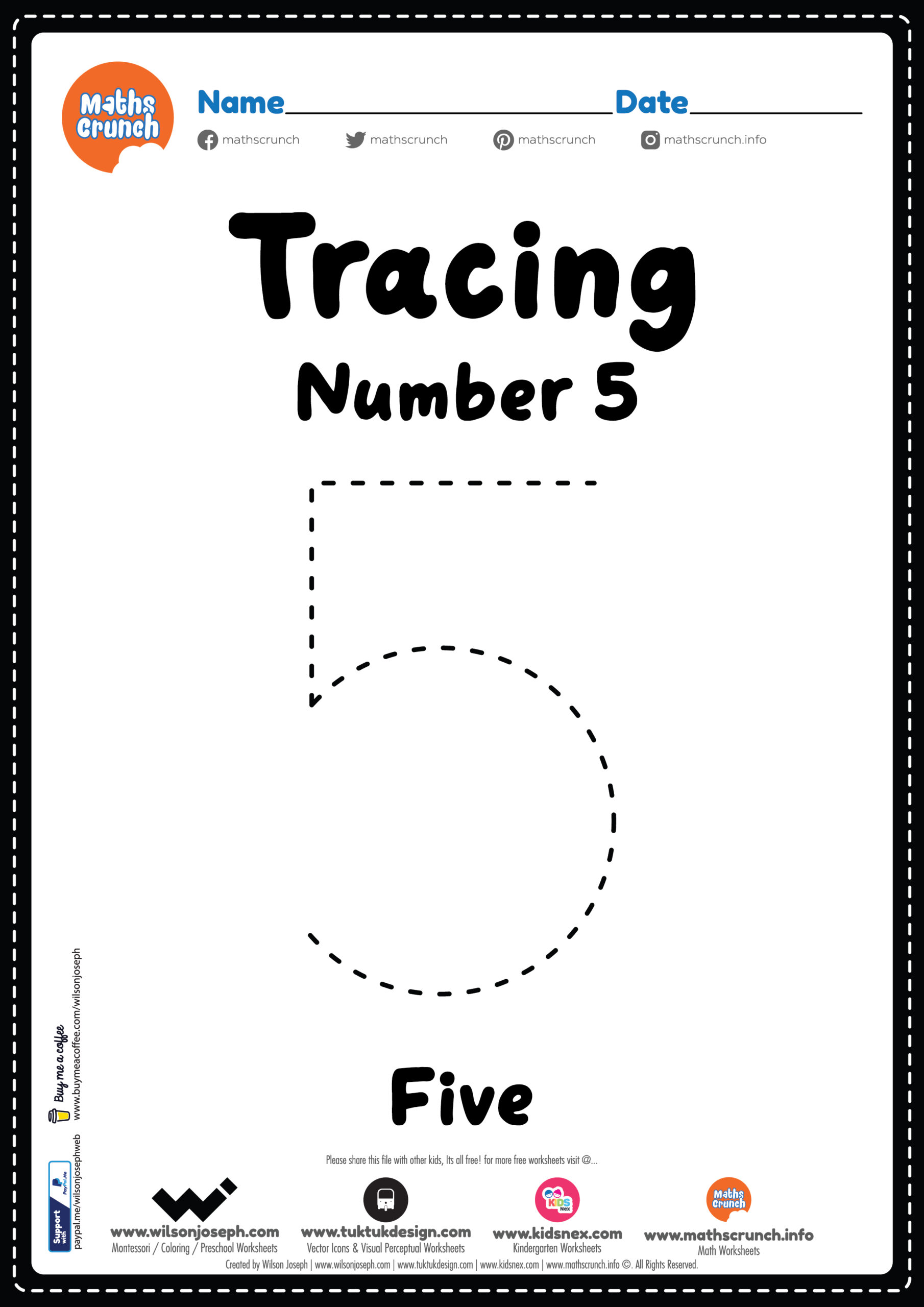 Tracing Number 5 Worksheet For Kids Free Printable PDF