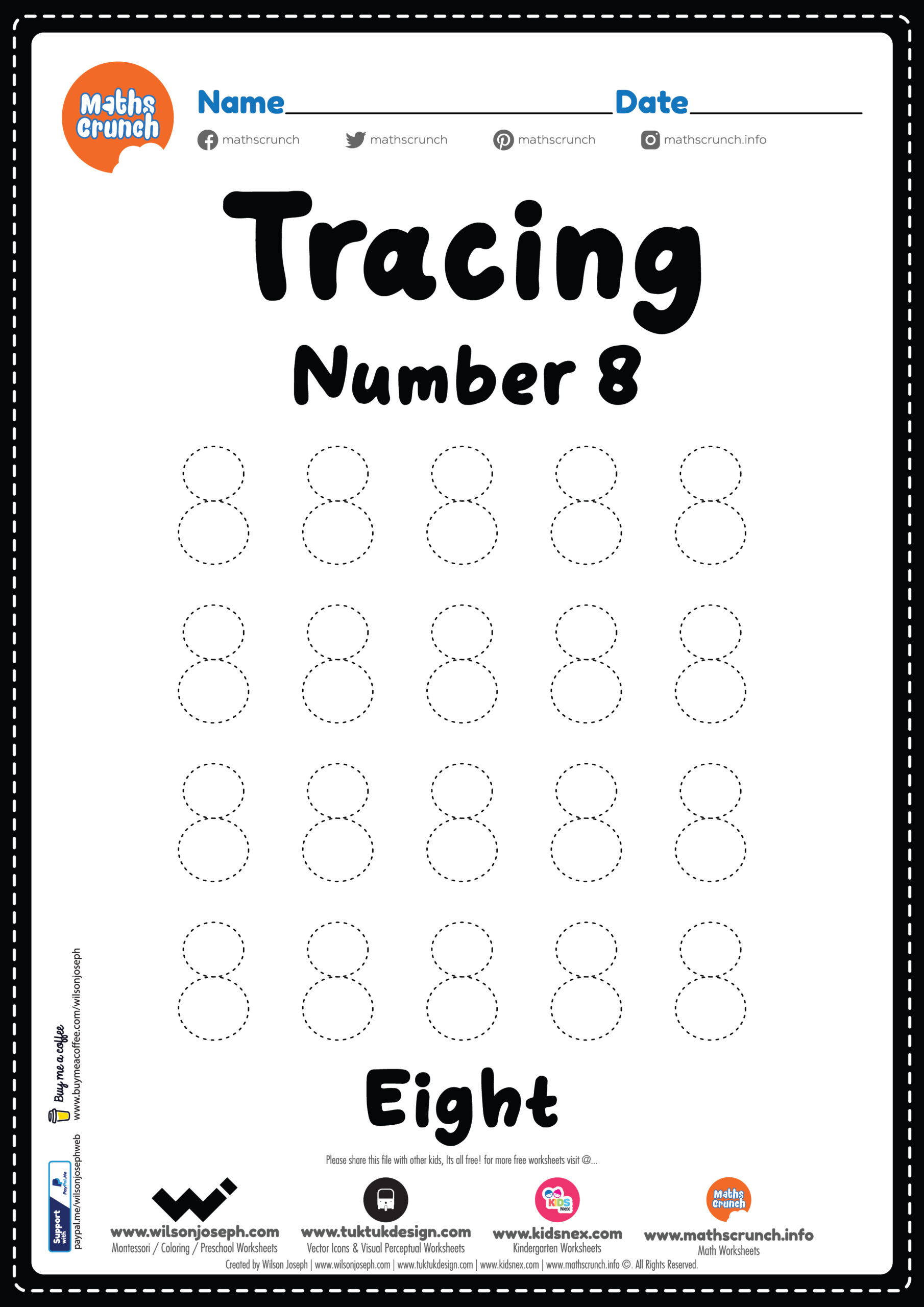 Tracing Number 8 Kindergarten Worksheet Free Printable PDF